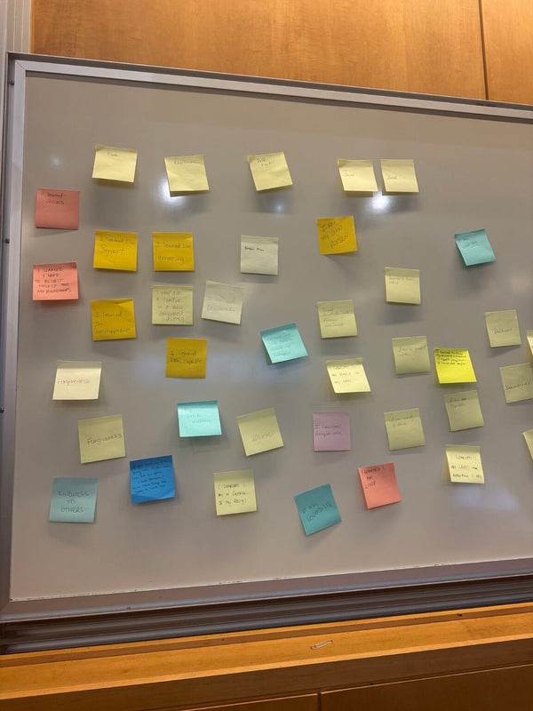 Sticky notes used during an exercise in Ella Bell Smith's class at Dartmouth, ready to be transformed into jewelry!